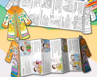 May include: A printable activity sheet featuring a coat-shaped accordion book about Joseph. The design includes black and white line art for coloring, alongside text detailing the story of Joseph's colorful coat, his journey, and forgiveness.