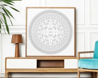 Puede incluir: Un gráfico de árbol genealógico circular en blanco y negro enmarcado. El gráfico se muestra en una pared blanca sobre un centro de entretenimiento de madera con un sillón azul.