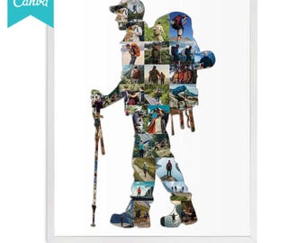 Male Hiker Photo Collage Template,Hiking boy gift idea, Trekking man photo art gift, Hiking man room decor, hiker art gift,Adventure Camping