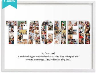 May include: A white framed wall art print featuring the word TEACHER in large block letters filled with a photo collage of classroom scenes. Below the word is the definition: (n) [tee-cher] A multitasking educational rock-star who lives to inspire and loves to encourage. They're kind of a big deal.