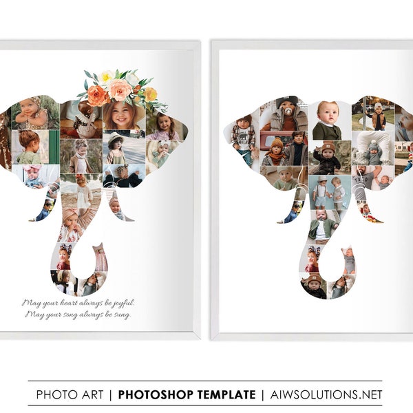 Elephant picture collage templates , Elephant nursery photo grid layouts for baby boy and girl, elephant head shape photo collage