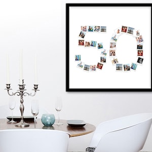 May include: A square black frame containing a white collage of small square photographs arranged to form the number 50. The individual photos feature various people and outdoor scenes, creating a numerical display against a plain white background.