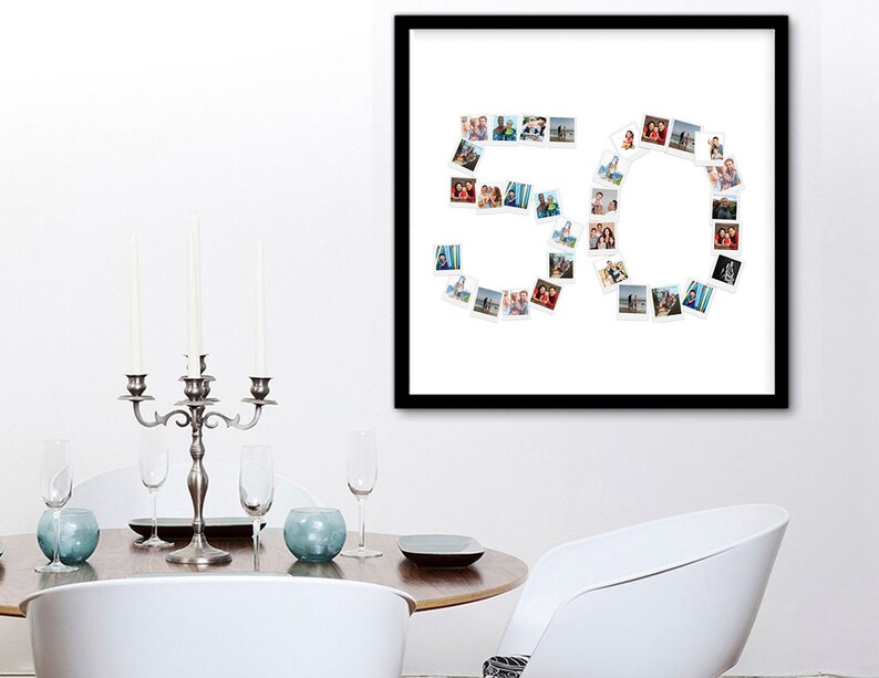May include: A square black frame containing a white collage of small square photographs arranged to form the number 50. The individual photos feature various people and outdoor scenes, creating a numerical display against a plain white background.