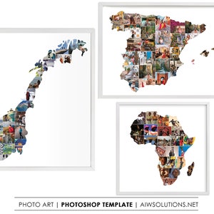 Modèle de collage photo Norvège carte, modèle de storyboard de carte Espagne, collage photo carte Afrique, cadre photoshop Norvège, cadeau de voyage unique en Norvège