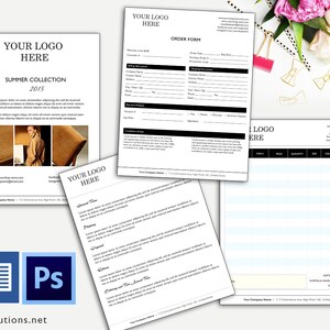 May include: A black and white order form with the text "ORDER FORM" at the top. The form includes fields for customer information, shipping address, and order details. The form also includes a table for listing items, quantities, sizes, colors, and prices.