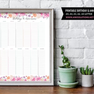 Printable Birthdays & Anniversaries Calendar, Printable Birthdays Planner, Printable Anniversaries Planner, Printable Birthdays Calendar