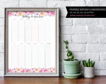 Printable Birthdays & Anniversaries Calendar, Printable Birthdays Planner, Printable Anniversaries Planner, Printable Birthdays Calendar