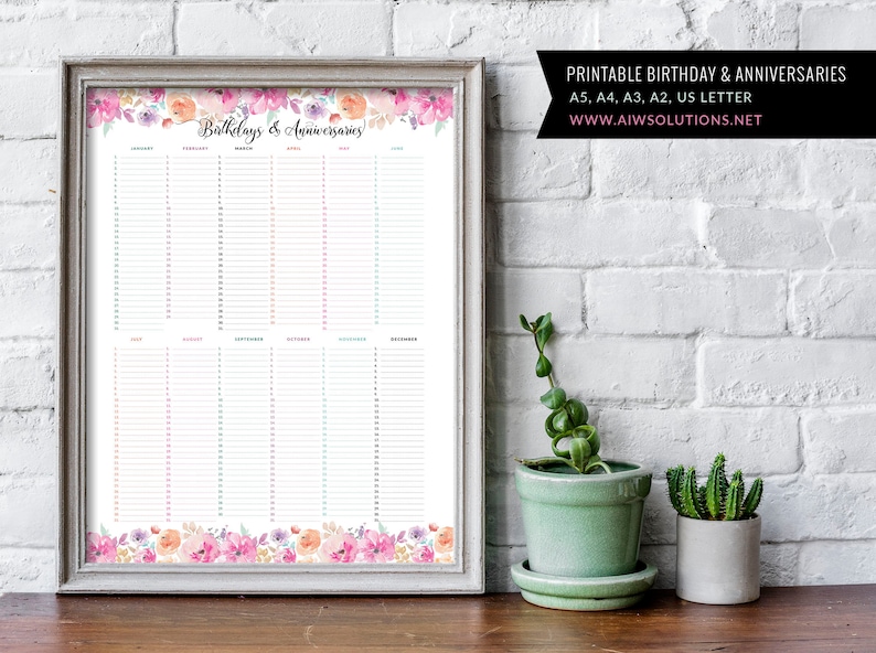 Printable Birthdays & Anniversaries Calendar Printable - Etsy