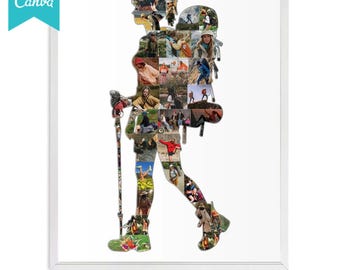 Female Hiker Photo Collage Template,Hiking girl gift idea, Trekking girl photo art gift, Hiking girl room decor, woman hiker art gift