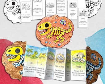 Actividad sobre cómo se forman los fósiles, manualidad del ciclo de vida de los fósiles, hoja de trabajo de ciencias para recortar y pegar, imprimible de dinosaurios en PDF, JPG, A4 y tamaño carta estadounidense, STEM para niños