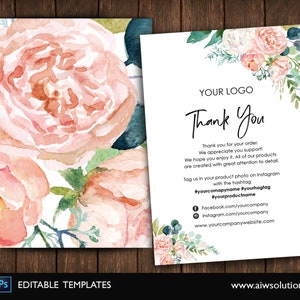 Cartão de agradecimento editável floral, cartão para loja on-line, cartão de agradecimento de marketing, estilo de cartão aquarela, cartão elegante, estilo romântico