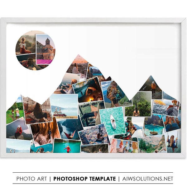 Adventure  Mountain photo collage template, Mountain shape, Mountain photo art, Outdoors Travel Gift, travel memories photo collage art