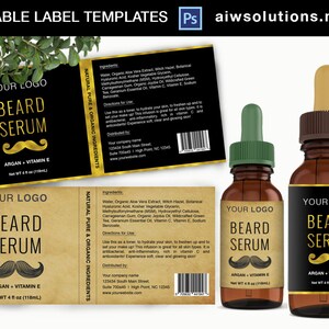 May include: Two brown glass bottles with black labels and gold lettering. The labels read "Your Logo", "Beard Serum", "Argan + Vitamin E", and "Net WT 4 fl oz (118mL)". The bottles have dropper tops. The labels are on a rustic brown background.