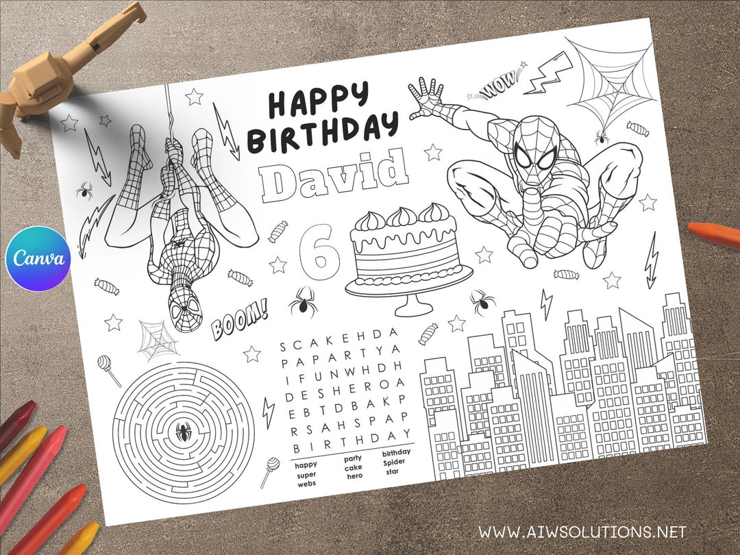 Editable Spiderman Coloring Placemat, Hero Birthday Coloring, Kids ...