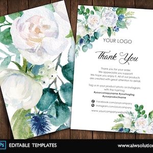 Cartão de agradecimento editável para casamento, cartão para loja on-line, cartão de agradecimento de marketing, cartão aquarela branco e verde, estilo romântico