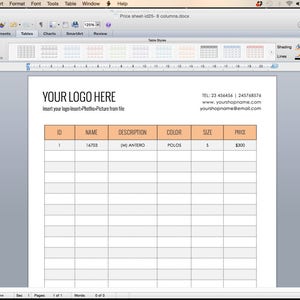 Price sheet 5 -9 columns , ,Wholesale Price Sheet, clothe price sheet, Product Price Sheet, salon price sheet, fashion price sheet image 4
