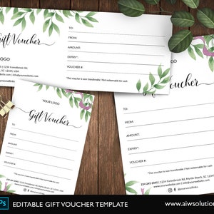 green leaf Gift Voucher Template, Gift Certificates Word template, Gift card, watercolour leaf branch gift vouchers, editable  Shop Voucher