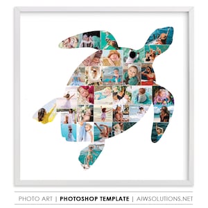 May include: A white frame with a photo collage of a sea turtle made of many smaller photos. The photos are of people, mostly children, and some are in beach settings.