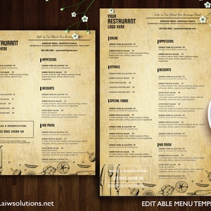 Plantillas de menú vintage de Canva, plantilla de menú de restaurante, plantilla de menú de Italia, plantilla de menú de bar DIY, menú de comida asiática, plantilla de Canva y Word