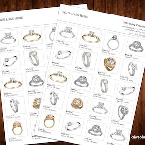 May include: A catalog sheet featuring various engagement ring designs. The rings are displayed in a grid format, showcasing different styles with diamond or gemstone settings. The sheet includes the text "YOUR LOGO HERE" and "2015 Spring Collection".