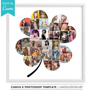 Könnte beinhalten: Ein quadratischer weißer Rahmen mit einer Fotocollage-Vorlage in Kleeblattform. Die Collage besteht aus zahlreichen rechteckigen und quadratischen Bildern einer jungen Frau in verschiedenen Umgebungen, Posen und Outfits. Ein schwarzer Stiel ragt unten heraus.