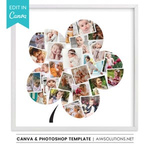 May include: A square white frame containing a clover-shaped photo collage template. The collage features numerous individual rectangular and square photographs of children and infants arranged to form a four-leaf clover silhouette on a white background.
