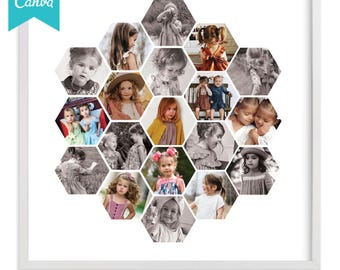 Honeycomb photo collage template, Honeycomb photo collage template, Hexagon shape photo collage,