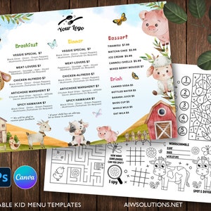Menù per bambini con simpatici animali da fattoria, tovagliette per attività per bambini per ristoranti, menù per feste, menù divertenti per bambini, menù della fattoria