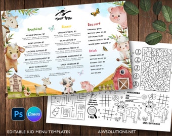 May include: A printable kids menu template with a watercolor farm theme. The menu features breakfast and dinner options, including veggie special, meat lovers, chicken alfredo, artichoke margherita, and spicy Hawaiian. The menu also includes a dessert section with tiramisu, matcha cake, ice cream, cannoli shells, and mixed berry mousse. The menu also includes a drink section with canned soda, bottled water, banana juice, kids cup, whole milk, and oat milk. The menu also includes a fun activity page with a word scramble, spot the difference, and a color by number activity.