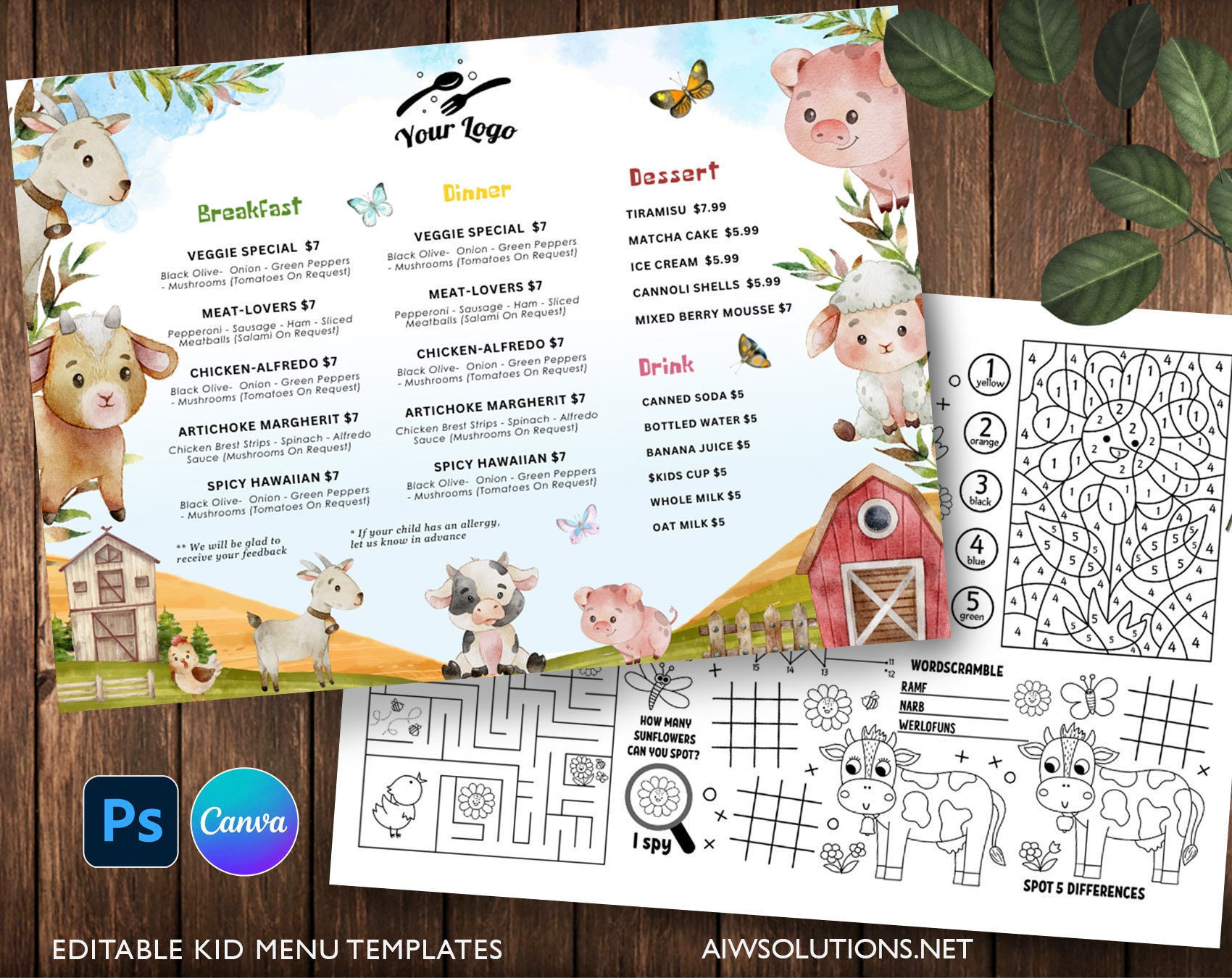 Cute Farm Animals Kid's Menus,children's Activity Placemats for