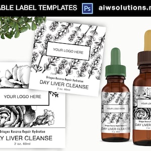 Puede incluir: Dos plantillas de etiquetas en blanco y negro para un producto llamado "Day Liver Cleanse" con un diseño floral. Las etiquetas son de 2 onzas o 60 mililitros. Las etiquetas están en dos botellas con goteros. Las botellas son de vidrio marrón con goteros verdes.