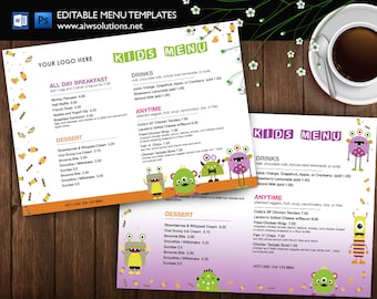 Canva Kids' Meal Menu , Kids Menu, restaurant kid style, Kid menu template, monster style menu template, Children’s Menus, Canva template