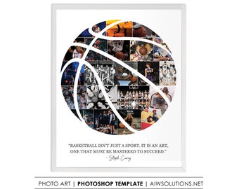 Puede incluir: Una silueta de baloncesto blanca llena de un collage de fotos de baloncesto. La cita "El baloncesto no es solo un deporte. Es un arte, que hay que dominar para tener éxito." - Steph Curry está debajo del balón de baloncesto.