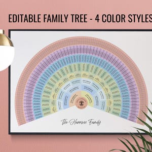 May include: Editable family tree template with a rainbow color scheme. The tree is in the shape of a fan and has spaces for names and dates. The text at the top says "Editable Family Tree - 4 Color Styles". The text at the bottom says "The Harrison Family".
