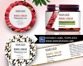 Può includere: Tre diversi design di etichette per un prodotto di crema corpo montata chiamato "Minima Veniam". Le etichette presentano uno sfondo bianco con testo nero e un bordo dorato. La prima etichetta ha uno sfondo di fragole rosse, la seconda etichetta ha uno sfondo di forme astratte nere e dorate, e la terza etichetta ha uno sfondo bianco con testo dorato. Tutte le etichette includono il testo "Your Logo", "Minima Veniam", "Whipped body cream", "All skin type", e "Net wt 4 OZ".