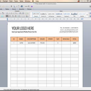 May include: A blank price sheet template with columns for ID, name, description, color, other, size, wholesale, and retail. The template has a peach colored header row and is ready to be filled in with product information.
