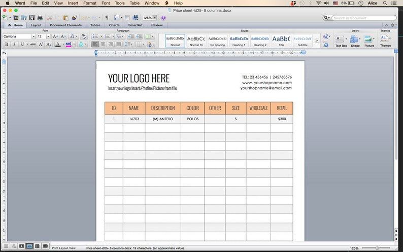May include: A blank price sheet template with columns for ID, name, description, color, other, size, wholesale, and retail. The template has a peach colored header row and is ready to be filled in with product information.