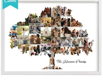 May include: A white framed photo collage shaped like a tree, featuring numerous family photographs arranged within the branches and trunk. The text "The Harison Family" is printed in black script at the bottom right of the tree trunk.