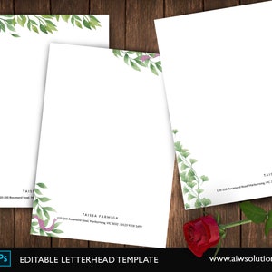 Plantilla de membrete de hoja verde personal, membrete de negocios, membrete de hoja, membrete de acuarela, tarjeta de nota, estacionario para las mujeres