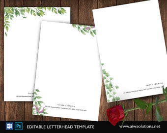 Personal green leaf Letterhead Template, Business Letterhead , leaft Note, watercolor letterhead, Note Card, Stationary for Women