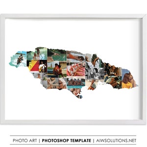 Modèle de collage photo de carte de pays de la Jamaïque, modèle de storyboard de carte de la Jamaïque, art de voyage de nation insulaire des Caraïbes