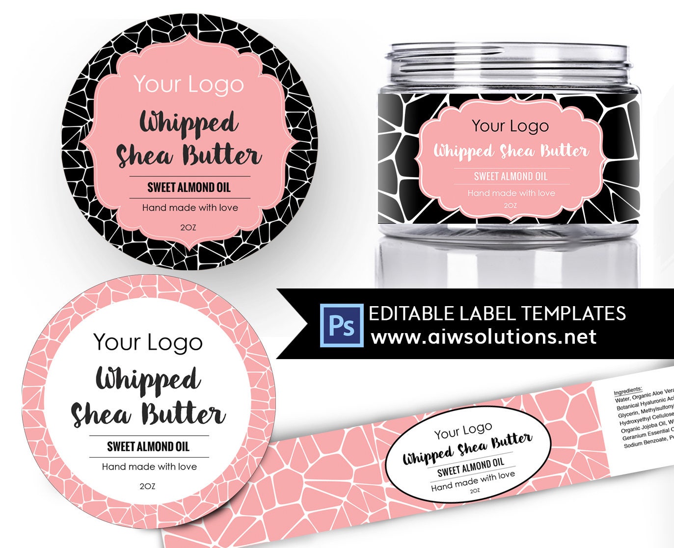 At Home Spa Day; Shea Butter label template, Body Butter label, Carrier Oils label, Fragrance Skin Care label, round label template, sticker template