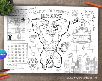 May include: A black and white printable coloring page featuring the Hulk, a birthday cake, and a maze. The page says "Happy Birthday Harry" and includes the text "Help Hulk find the Avengers Signal".