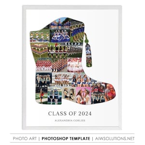 Puede incluir: Una silueta blanca de un gorro de graduación lleno de fotos de una banda de música. El texto "CLASS OF 2024" y "ALEXANDRIA CORLISS" está debajo de la imagen.