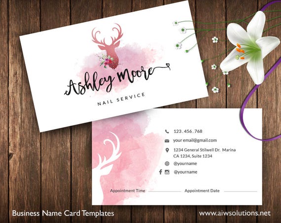 Business Cards Printable, Spa Service Card, Appointment Card, Pinky Card,  Deer & Water Color Card, Nail Service Card, Beauty Name Card id33 