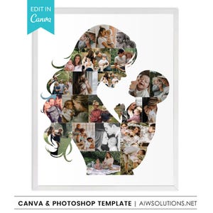 Op de afbeelding: Een wit ingelijste fotocollage-sjabloon met het silhouet van een persoon die een baby vasthoudt. De collage bestaat uit meerdere rechthoekige foto's van gezinnen en kinderen. De tekst 'EDIT IN Canva' staat bovenaan op een blauwe banner.