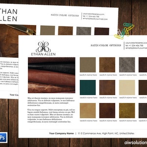 May include: A sample color chart for Ethan Allen furniture upholstery. The chart shows 12 different leather swatches in various shades of brown, beige, and green. The swatches are labeled with the text "swatch name here".