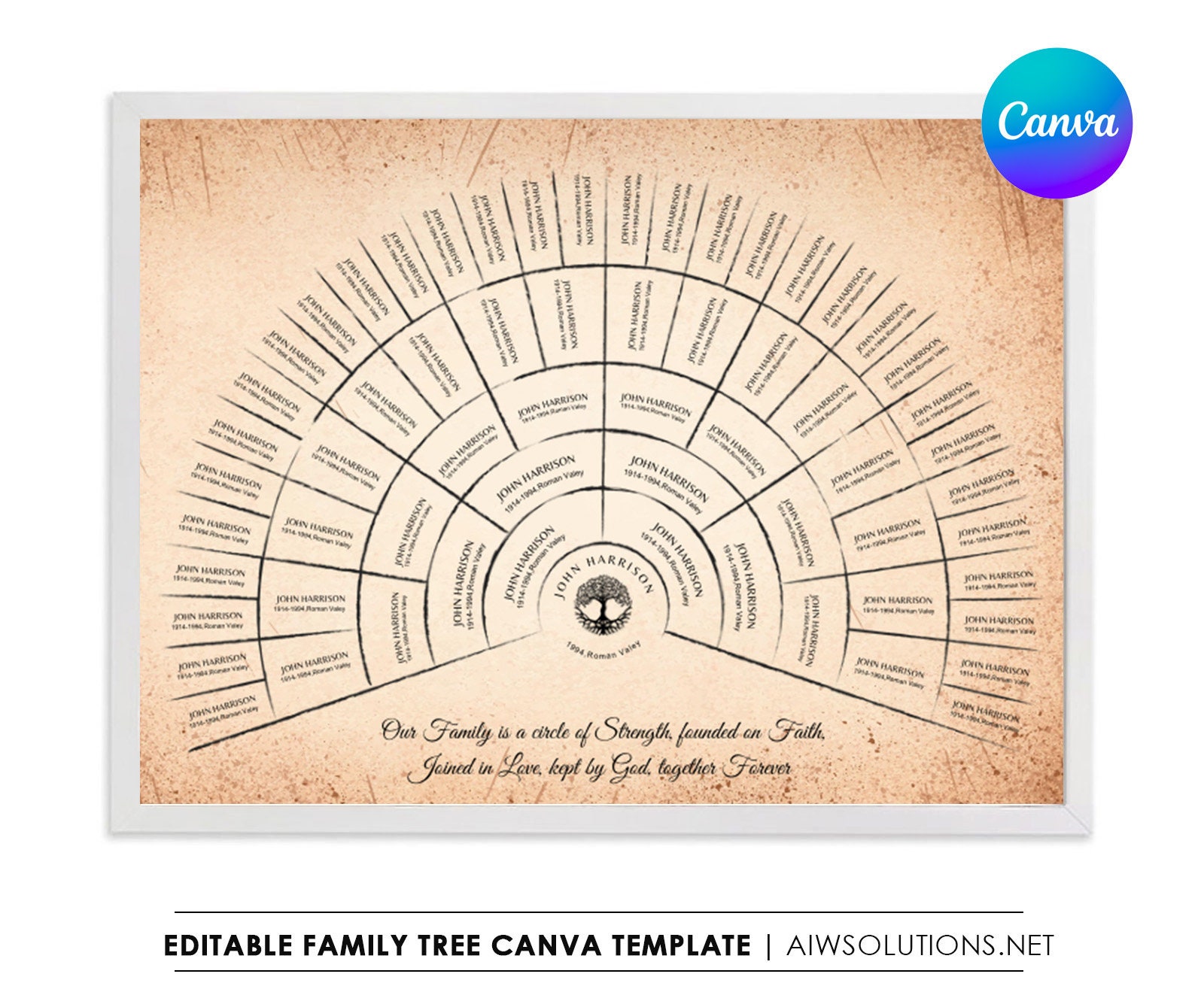 Canva Family Tree 6 Generations Template, Editable Fan Chart Template ...