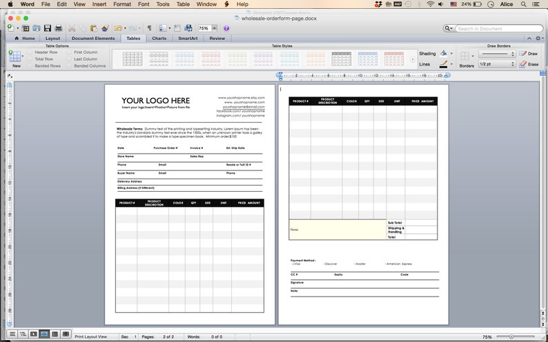 Modulo d'ordine e listino prezzi su una pagina e 2 pagine, modello di modulo d'ordine all'ingrosso, modulo d'ordine ms word, programma all'ingrosso, modello Canva immagine 3