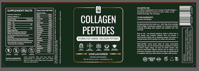 Collagen Label Template, Dark Green Color Style Label Template , Beauty ...
